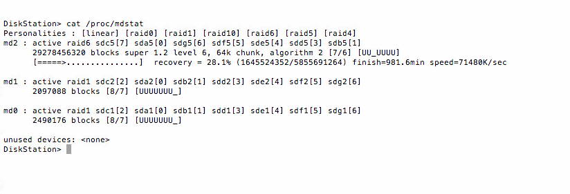 Synology mdadm rebuild progress via SSH